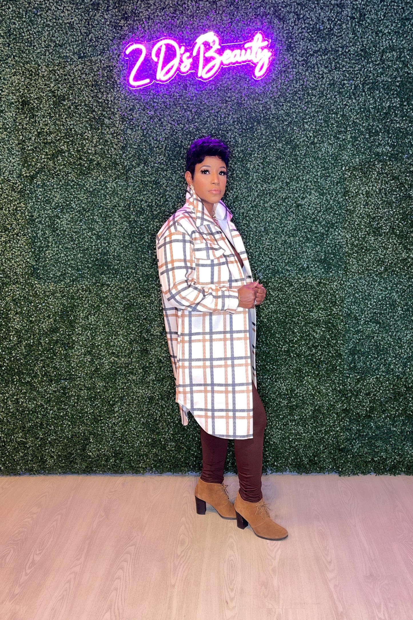 Cream Plaid Mid Length Trench Jacket
