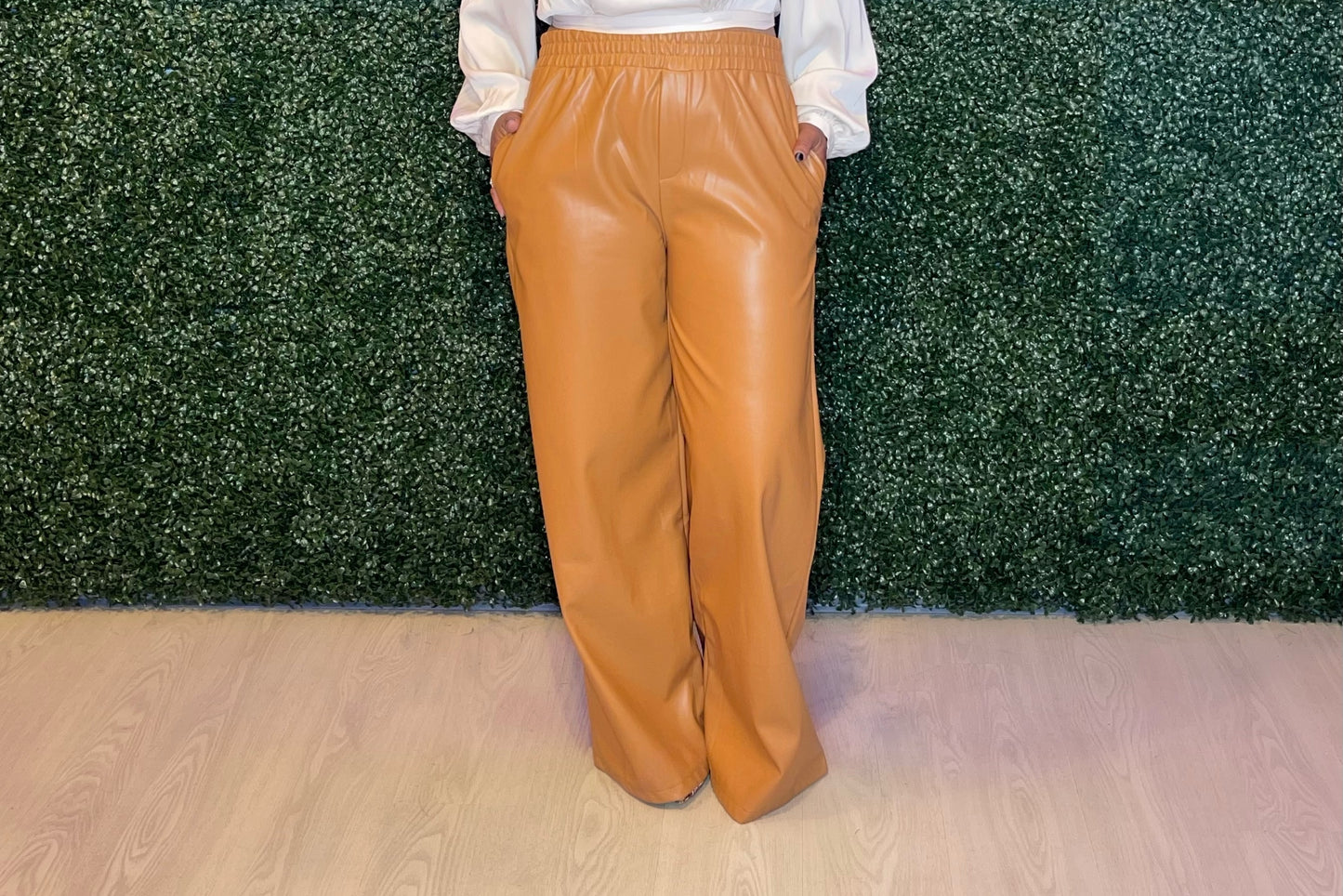 Wide Leg Leather Pants - Camel