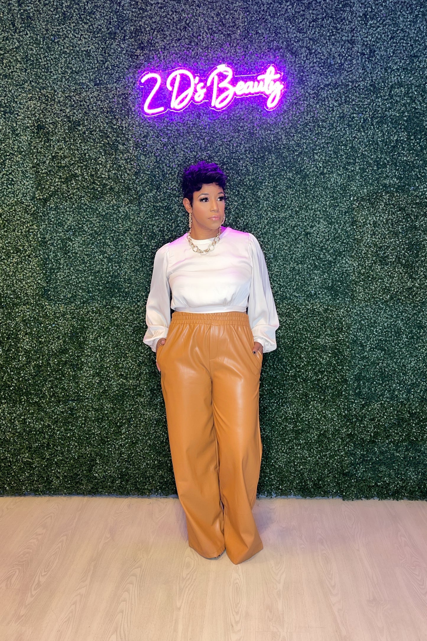 Wide Leg Leather Pants - Camel