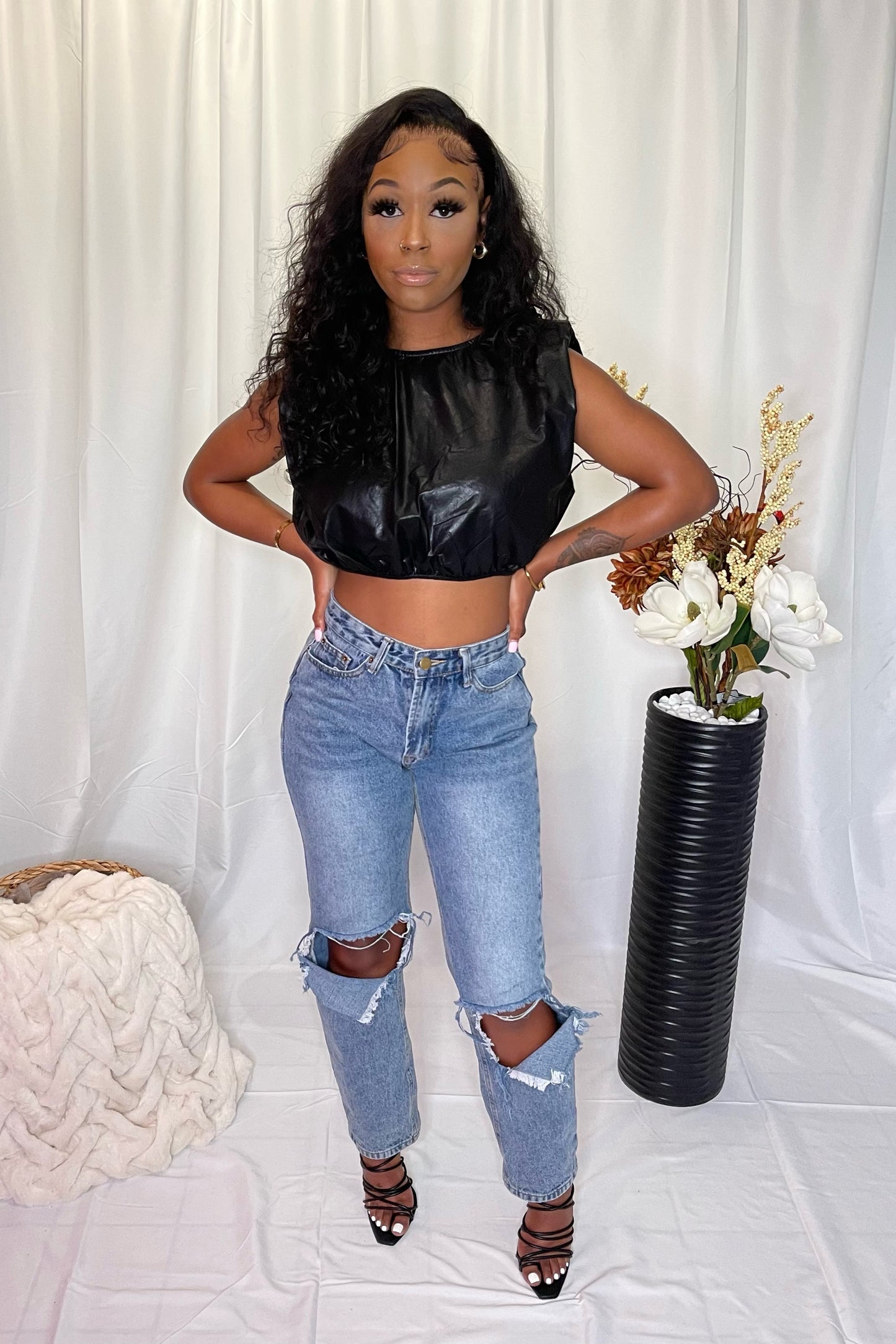 Black Leather Sleeveless Crop Top