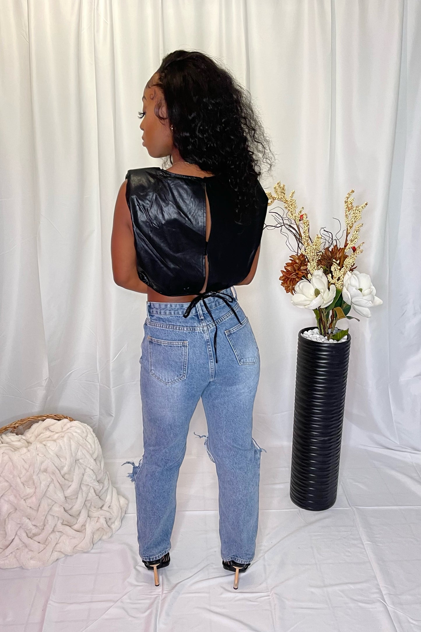 Black Leather Sleeveless Crop Top