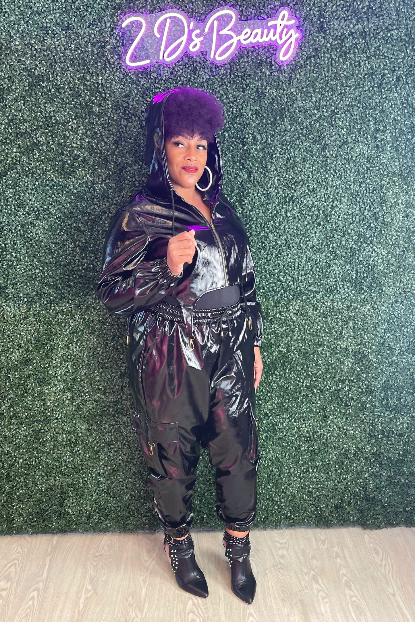 Plus Size Two Piece Black Vinyl Set