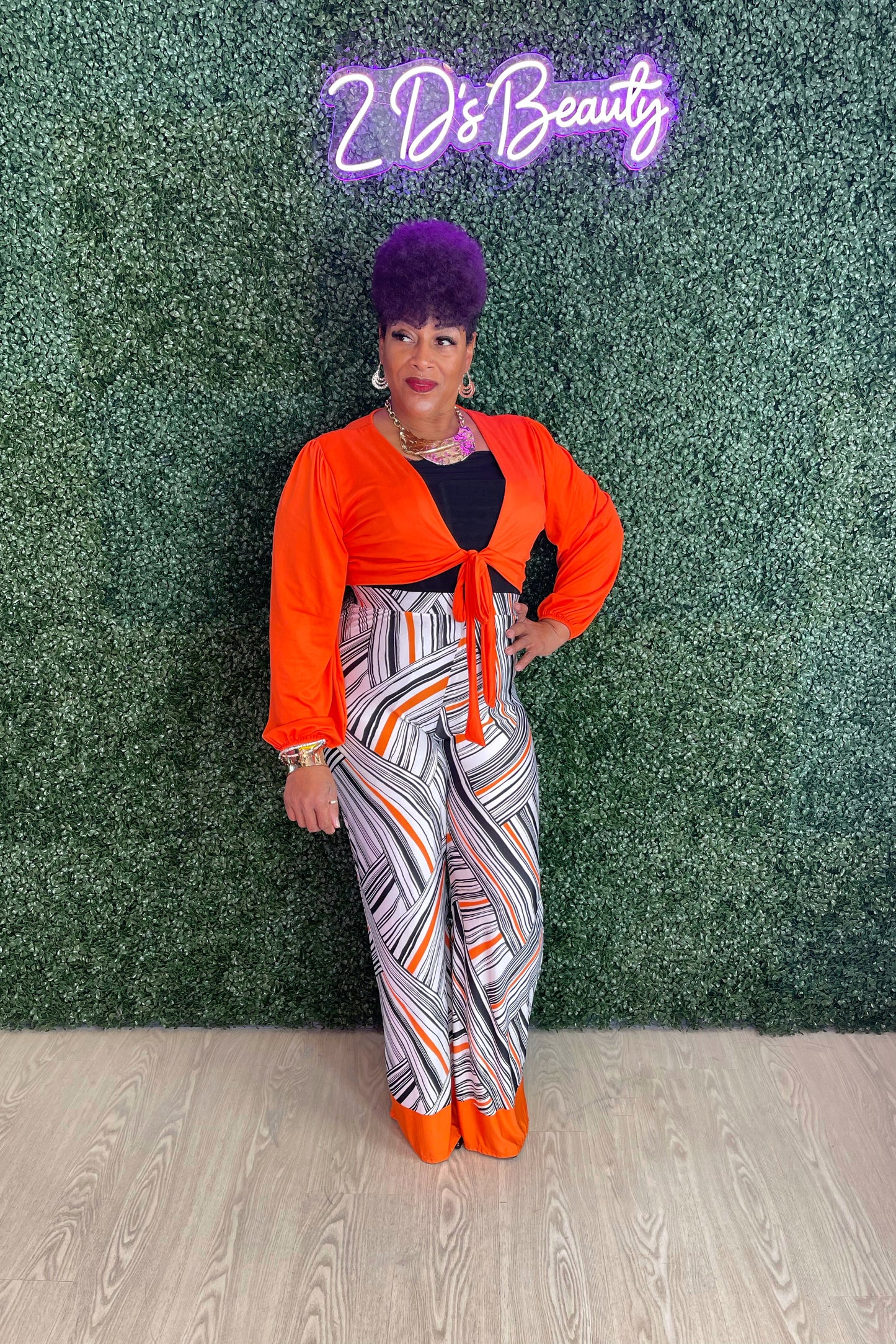 Plus Size Two Piece Orange/Black Flare Pants Set