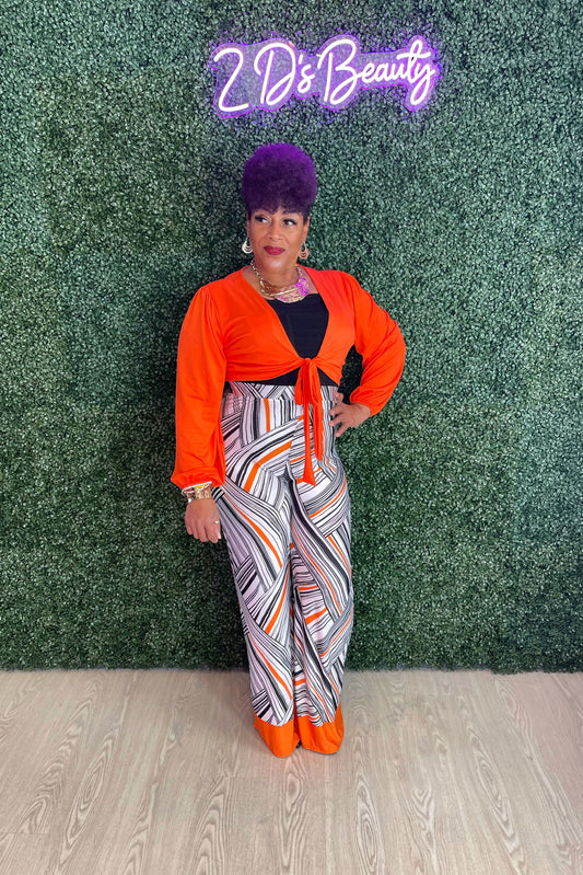 Plus Size Two Piece Orange/Black Flare Pants Set