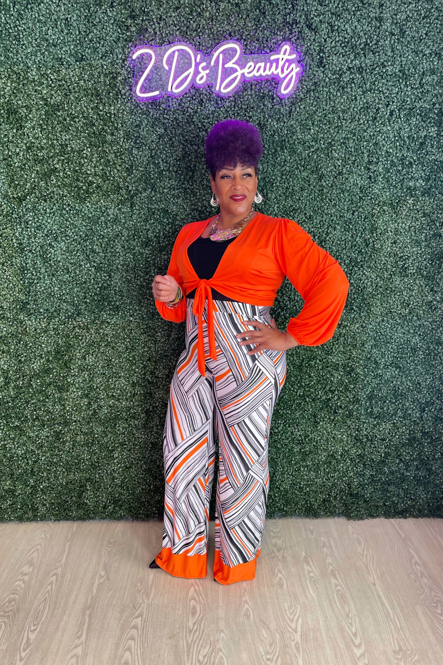 Plus Size Two Piece Orange/Black Flare Pants Set