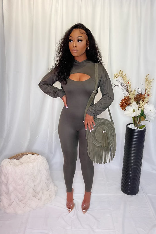 Two Piece Olive Cropped Hoodie Jumpsuit
