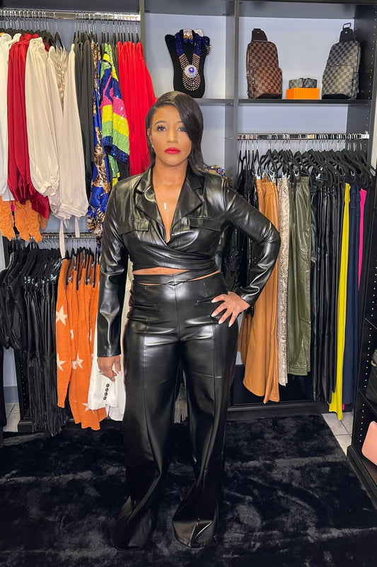 Two Piece Black Leather Crossbody Top & Wide Leg Pants Set