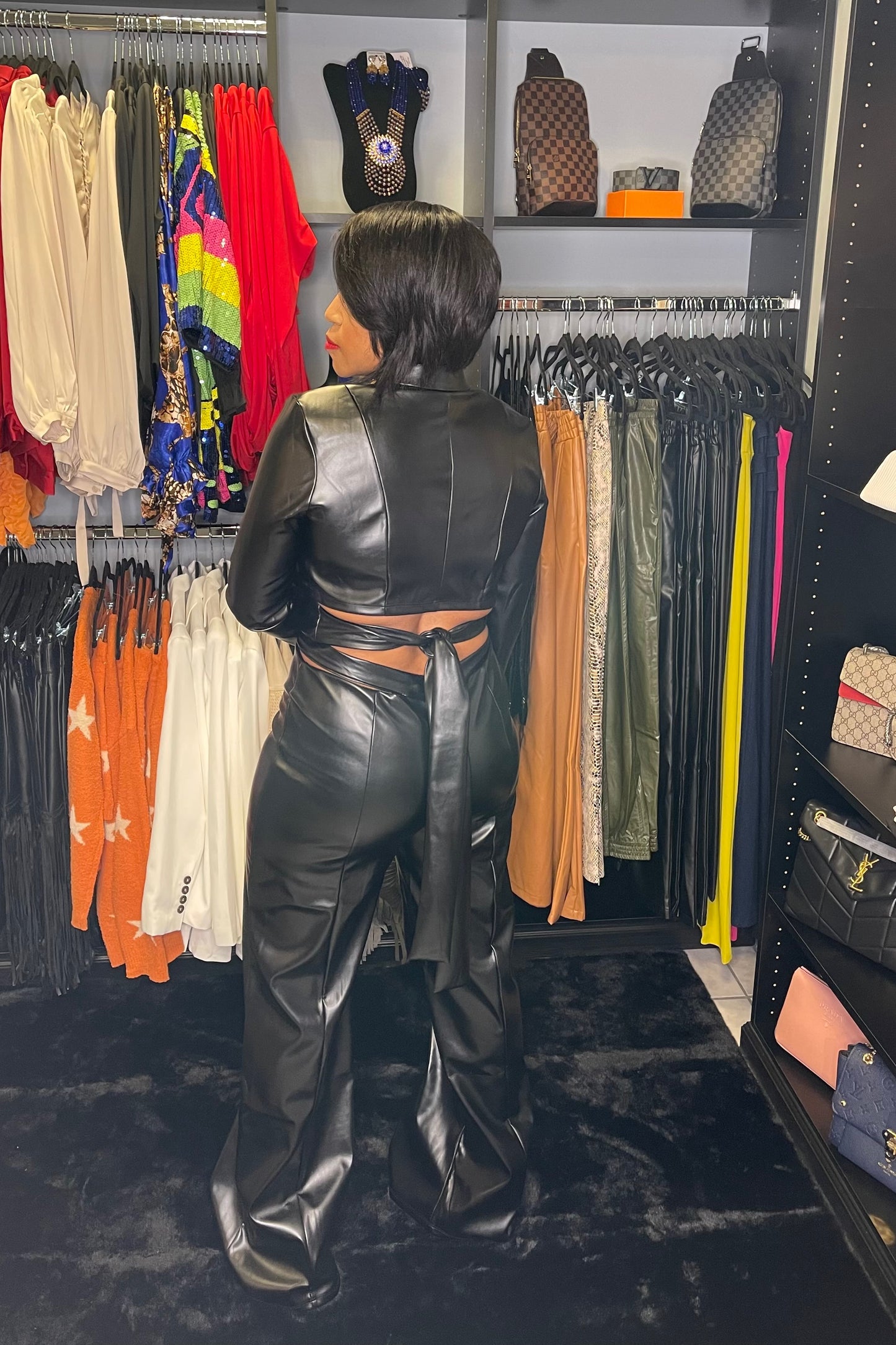 Two Piece Black Leather Crossbody Top & Wide Leg Pants Set