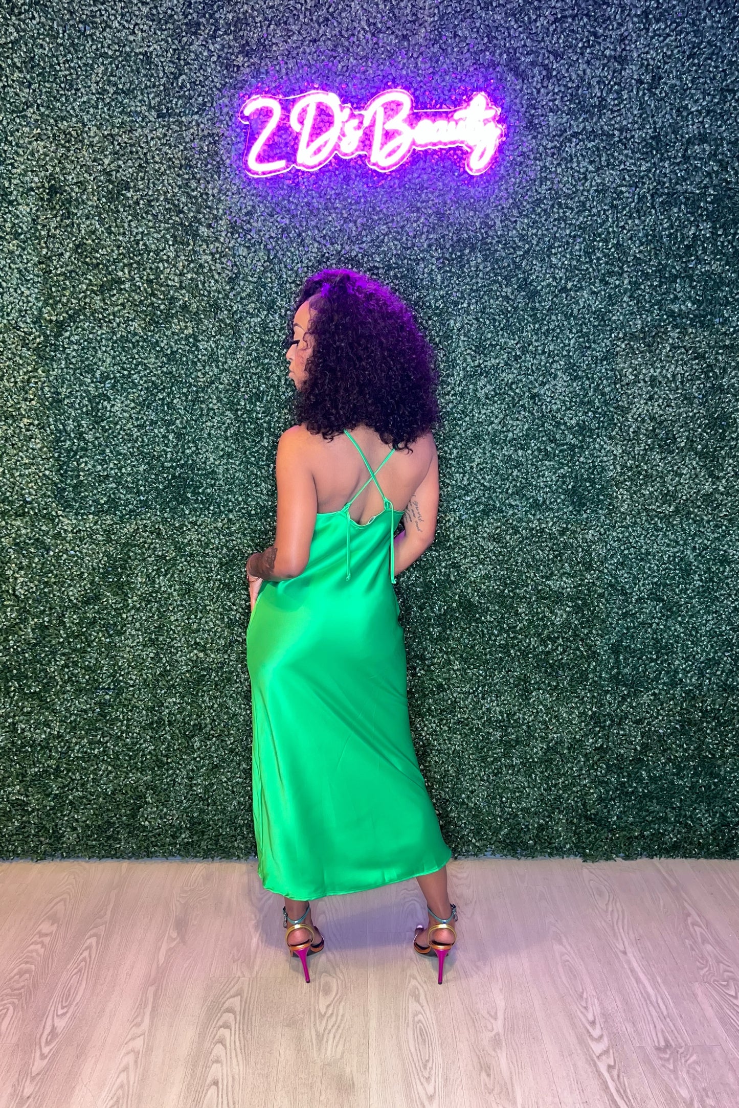 Green Satin Swing Dress