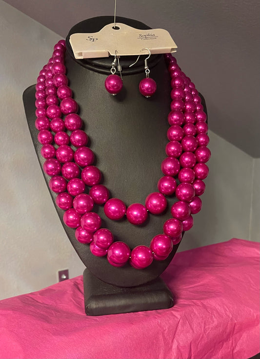 Fuchsia Pearl Accessory Set | Earrings & 3 Layered Beaded Necklace