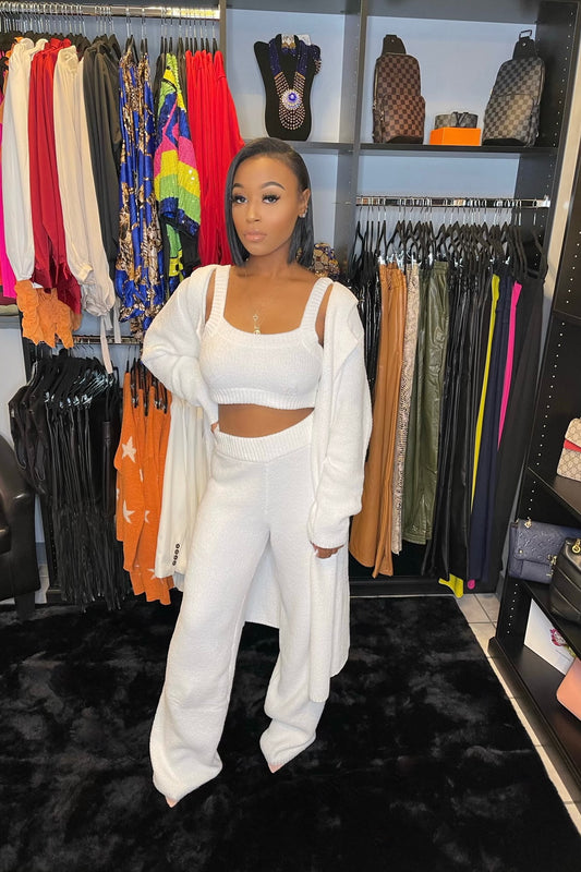 Three Piece White Hooded Sweater Set